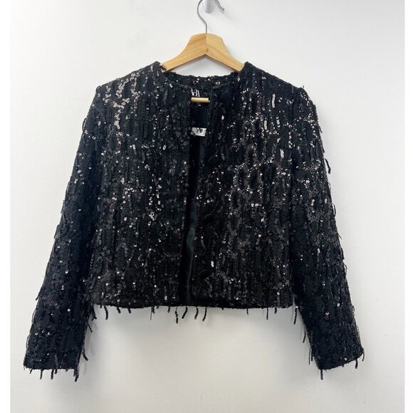 Zara Womens Sequin Jacket Blazer XS Black Fringed Textured New - Picture 14 of 14